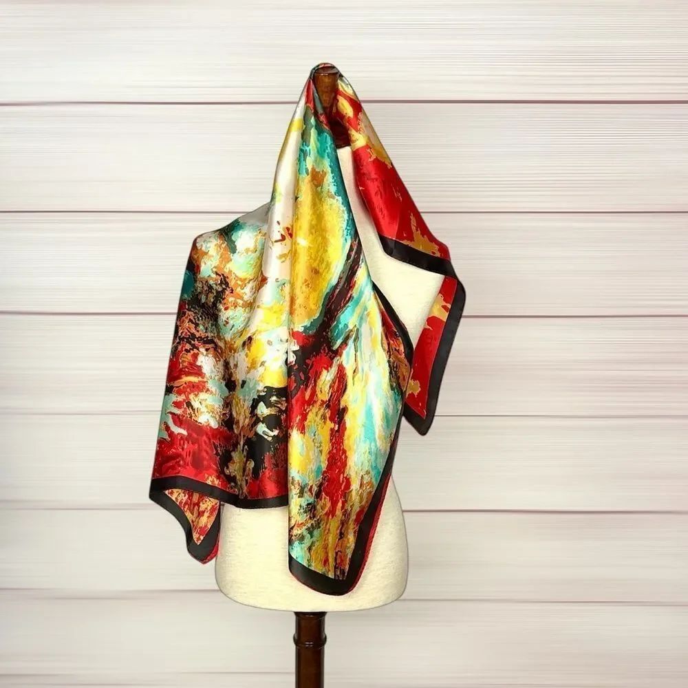 Sunflower Floral Square Silk Scarf Red Yellow 33x33" Colorful